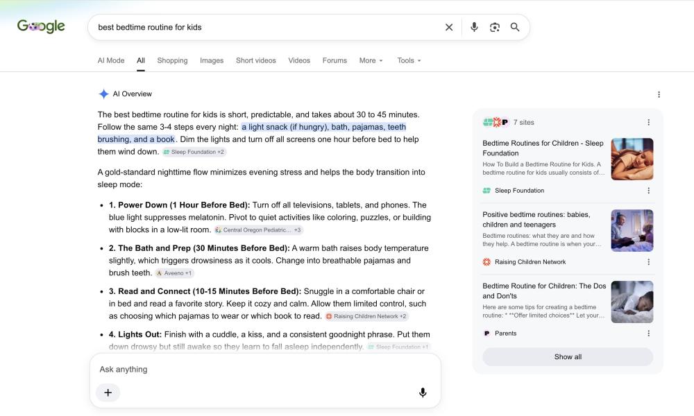 Google search results page with text and image previews on the right.