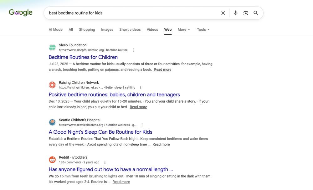 Search engine results for bedtime advice for kids.