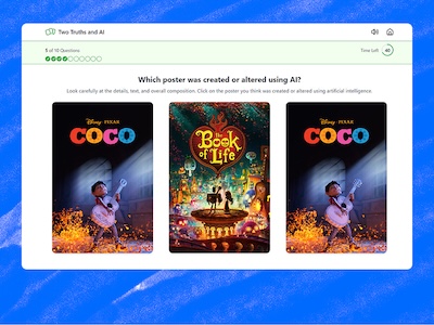 AI-detection quiz showing three movie posters: identical “Coco” posters on the left and right, and a colorful “The Book of Life”