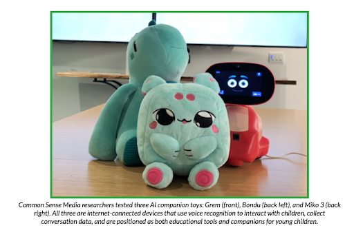Three AI toys (Grem, Bondu, Miko 3) on a table