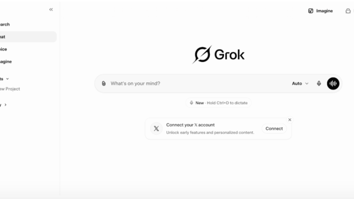 Grok homepage with search bar in the center.