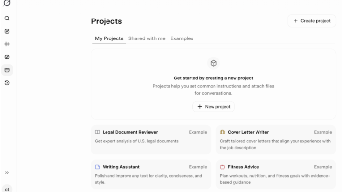 Project management dashboard with tools and examples listed.