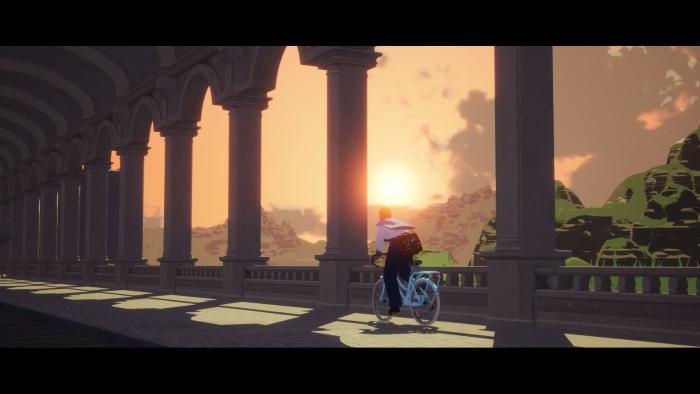 Estelle, SEASON's protagonist, rides her bike over a bridge in the late afternoon.