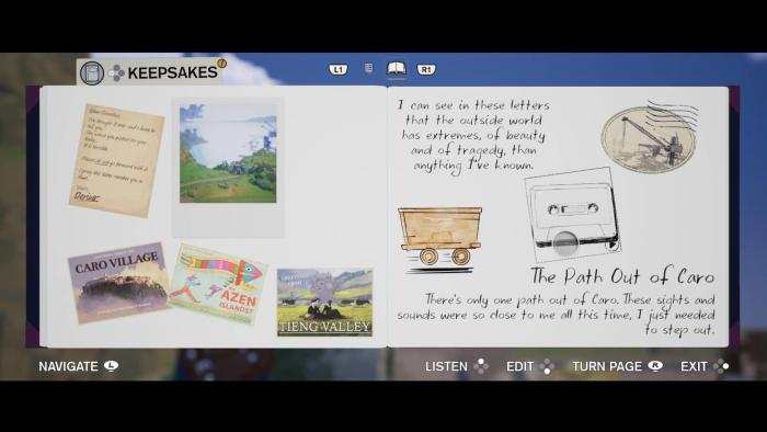 Estelle's journal page uses stickers, photos, and in-game quotes to mark her journey out of Caro, her village, and into whatever lies beyond it.