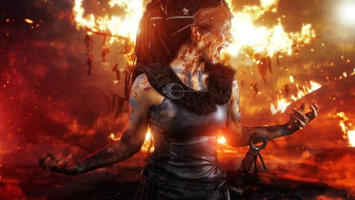 Senua's Saga—Hellblade II screenshot: Senua screaming in front of a fire