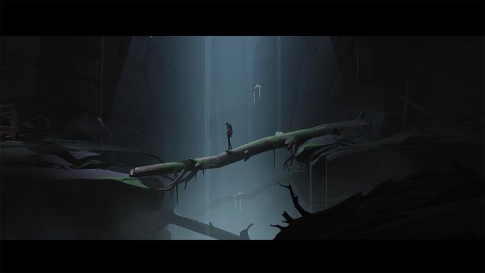 The main character crosses a chasm with the help of a topped tree. A waterfall is just behind him.