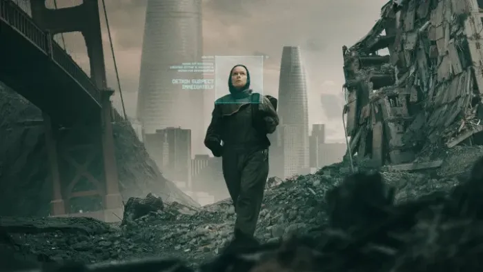 2073: Samantha Morton walks through a dystopian city