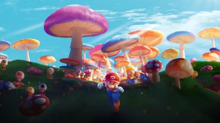 The Super Mario Bros. Movie: Mario runs through giant toadstools
