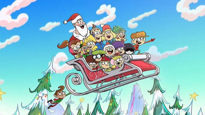 A Loud House Christmas Movie: Naughty or Nice movie: the Loud House gang sits with Santa on his sleigh