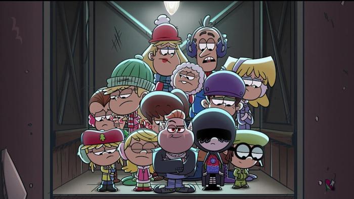 A Loud House Christmas Movie: Naughty or Nice movie: the Loud House gang looks sadly at the floor as an elevator opens