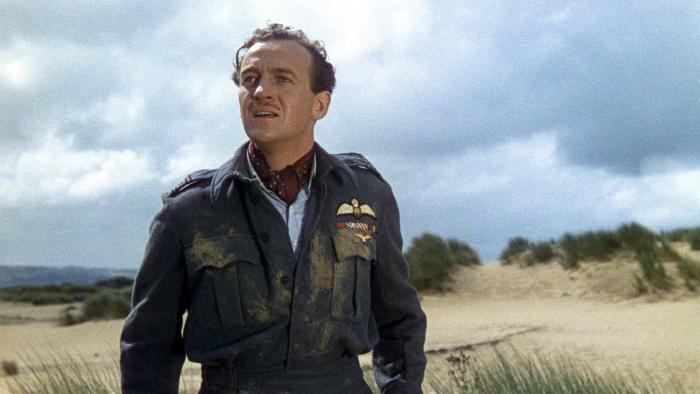 A Matter of Life and Death: David Niven stands in the countryside wearing a British Air Force uniform and looking confused