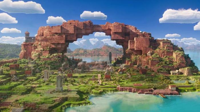 A Minecraft Movie: A outdoor scene from the video game showing an arc made of rock, green pastures, and blue skies