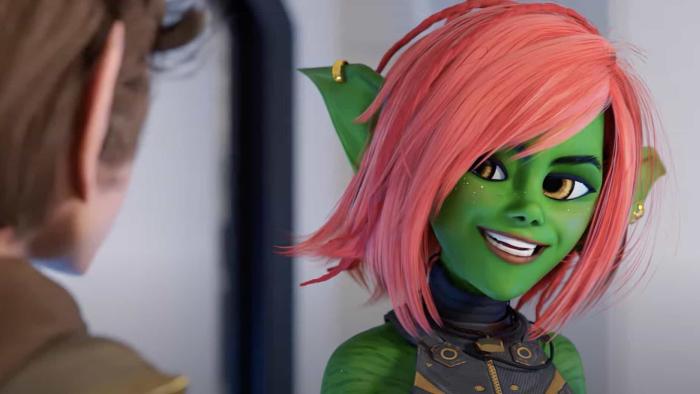 A Tooth Fairy Tale: An animated green female character looks at a male character out of focus with a smile on her face