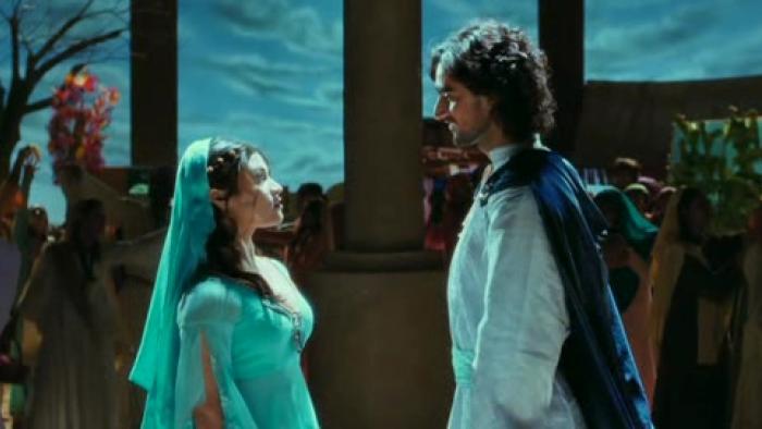 Aaja Nachle: A young Indian woman and man stare mesmerizingly at each other during a theater show