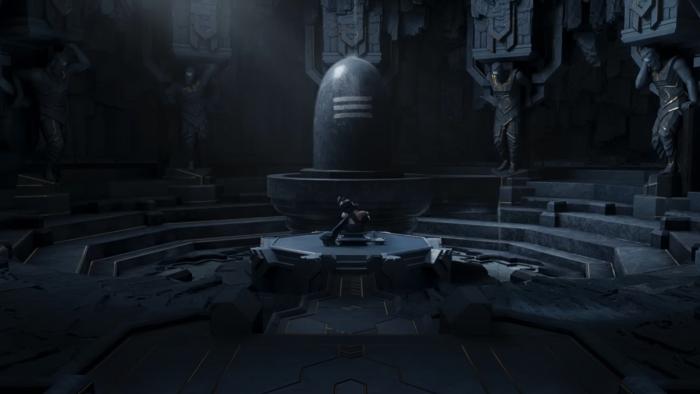 Adipurush: a wide shot of Raavan as he prays to Lord Shiva