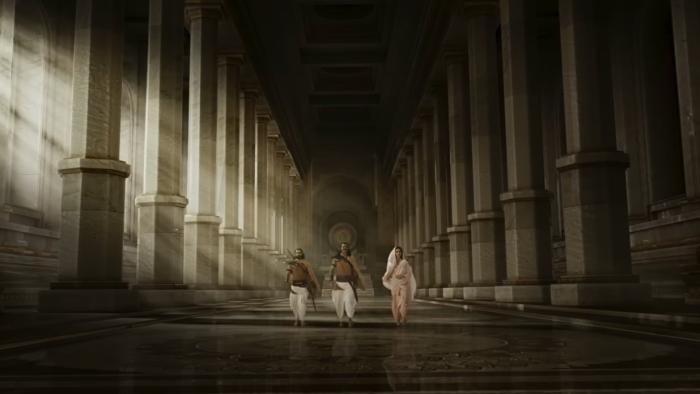 Adipurush: Raghav, Shesh, and Janaki walk together in a big hall