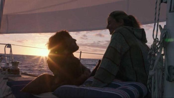 Adrift Movie: Richard and Tami on their boat at sunset