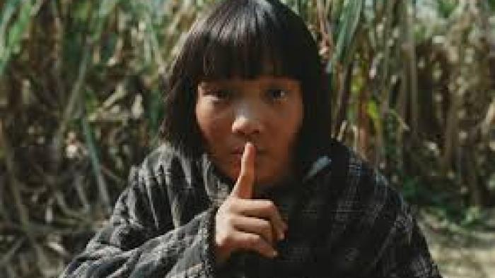 A Foggy Tale: Young Asian girl in plaid jacket gestures for silence outdoors.