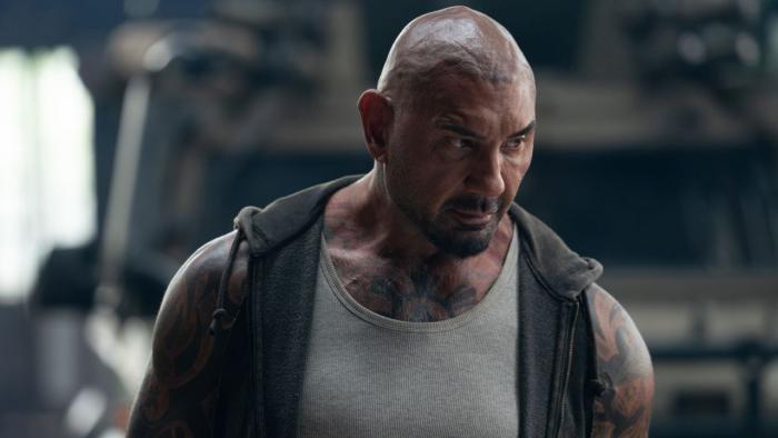 Afterburn: Dave Bautista looks on.