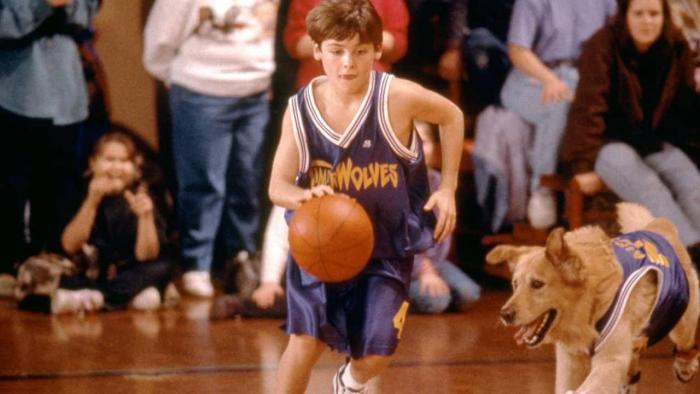 Air Bud Movie: A 12-year-old boy plays basketball at a school game with a Golden Retriever behind him