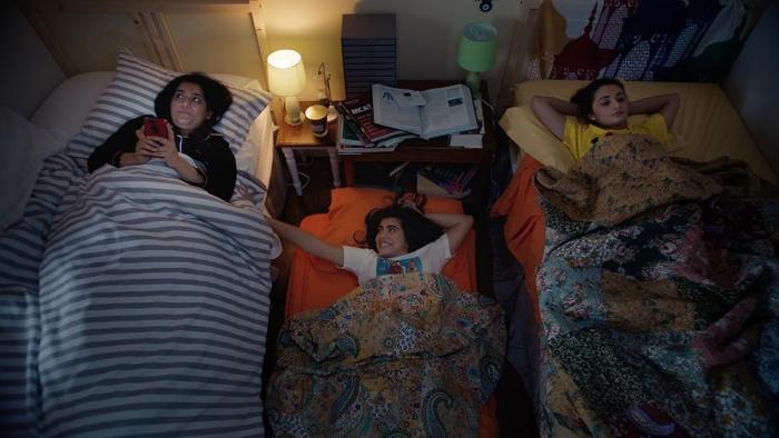 Americanish Movie: Aizzah Fatima, Shenaz Treasury, and Salena Qureshi share a bedroom