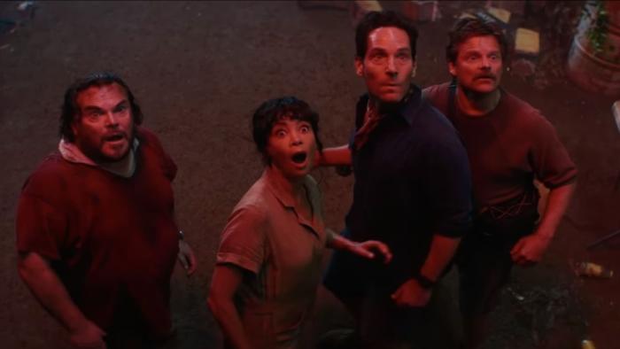 Anaconda movie: Doug, Claire, Griff, and Kenny turn around to look up at something shocking and terrifying
