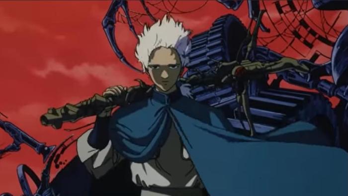 Angel's Egg movie: The Boy stands in front of a technological structure, holding a cross-shaped gun 