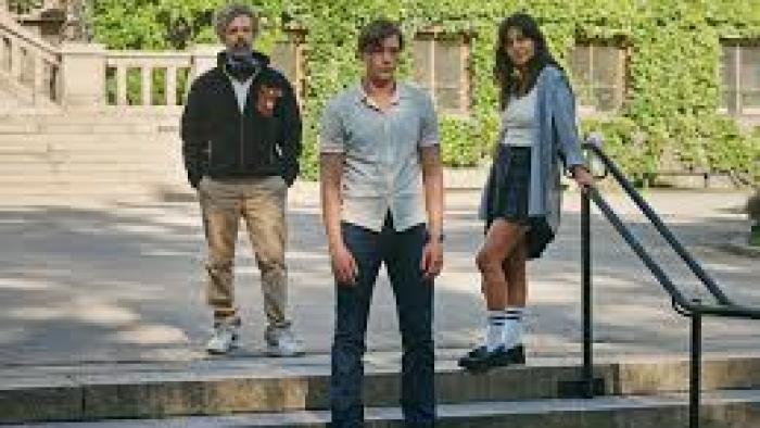 An Honest Life: Man and young man and woman stand on steps outside