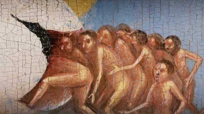 Apocalypse in the Tropics movie: Close-up on a painting section showing nude humans getting into a large cracked white eggshell