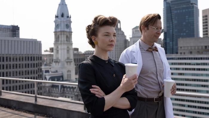 Audrey's Children movie: Natalie Dormer walks along a Philadelphia hospital rooftop with Jimmi Simpson, coffee in hand