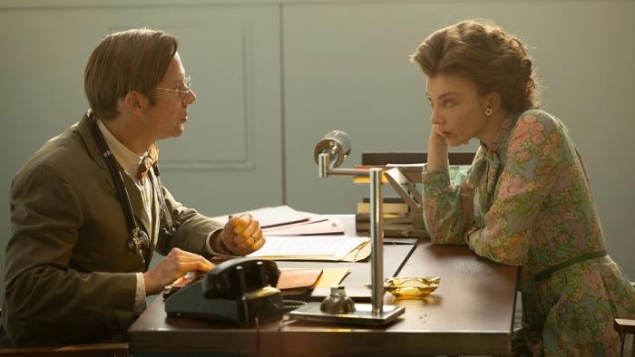 Audrey's Children movie: Natalie Dormer sits at a desk across from Jimmi Simpson