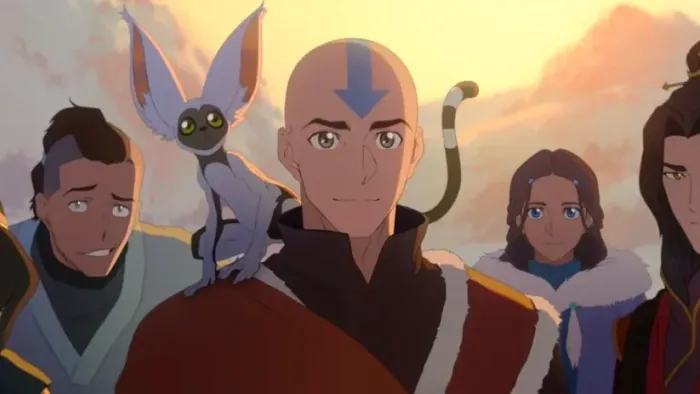 Avatar Aang The Last Airbender Movie: Group shot with Toph, Sokka, Momo, Aang, Katara and Zuko with sunset mountains in the background.