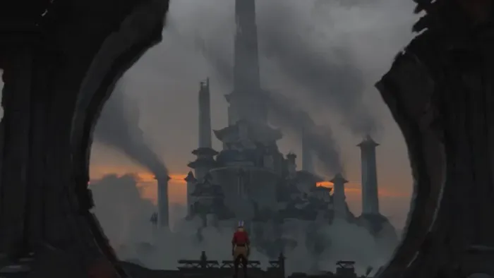 Avatar Aang The Last Airbender Movie: Aang stands in a broken archway overlooking a dark, smoky fortress in smokes with broken towering spires. 