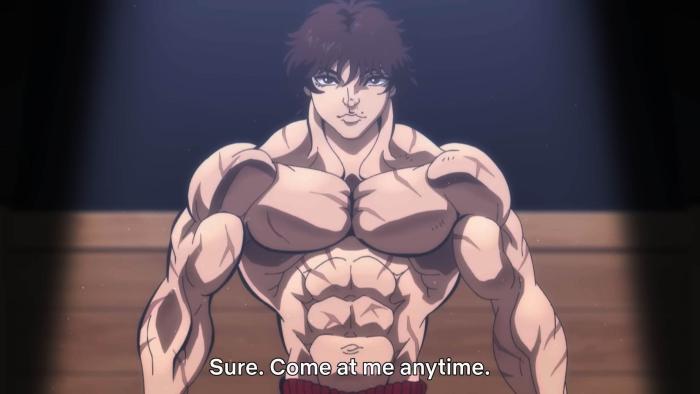 Baki Hanma VS Kengan Ashura movie: A muscular shirtless fighter flexes center
