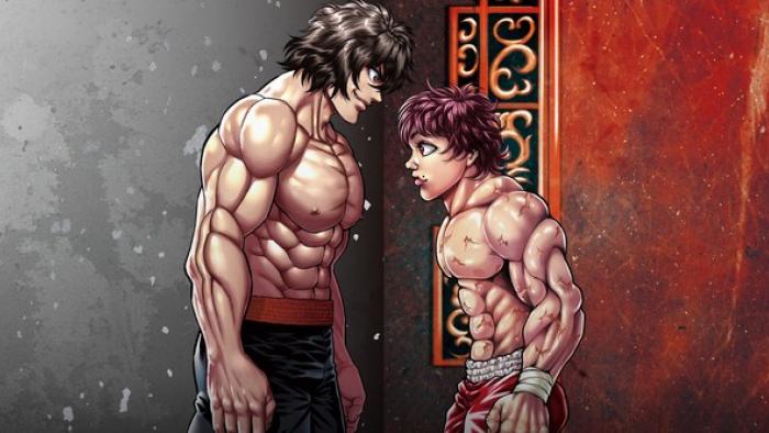 Baki Hanma VS Kengan Ashura movie: Two muscular shirtless fighters face off, taller one in black left, shorter one right
