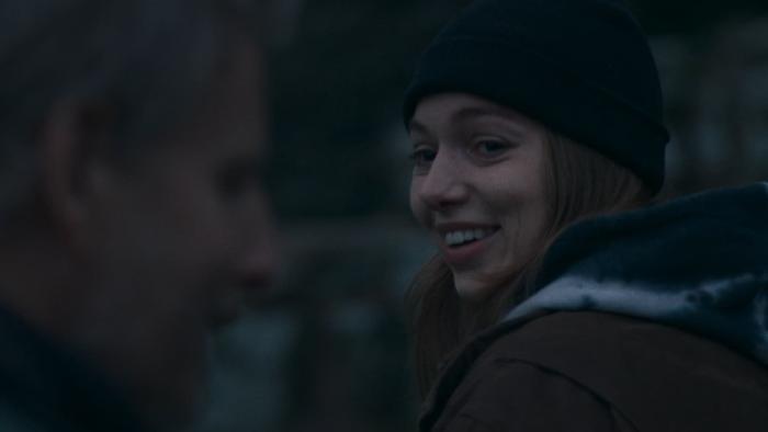 Ballywalter: Seána Kerslake looks over her shoulder and smiles at Patrick Kielty