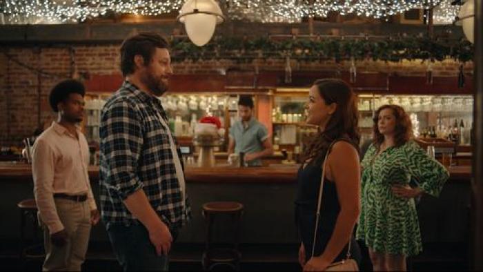 Bar Fight Movie: Julian Gant, Luka Jones, Melissa Fumero, and Rachel Bloom