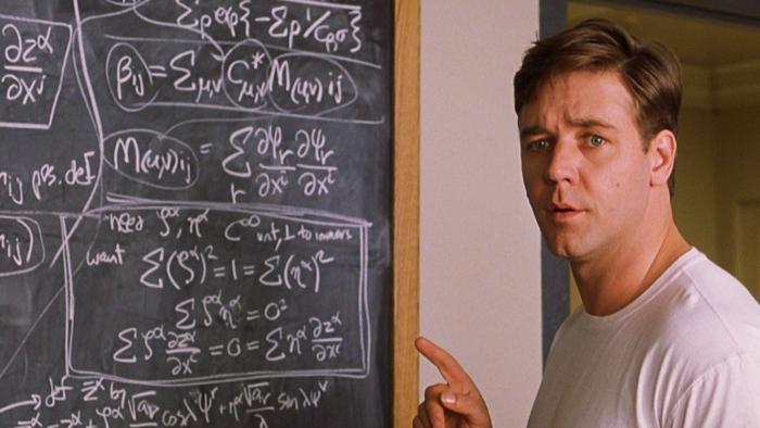 A Beautiful Mind movie: Nash points at a chalkboard covered in writing