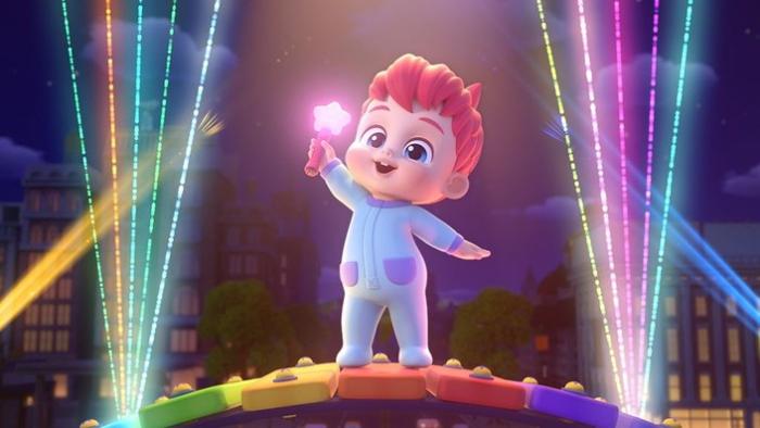Bebefinn Sing-Along Movie Into The Pinkfong World Movie: Bebefinn holds a glowing star wand on a xylophone rainbow bridge with neon lights in the bg.
