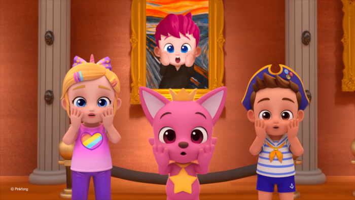 Bebefinn Sing-Along Movie Into The Pinkfong World Movie: Bora, Pinkfong and Brody do a surprised expressions in an art gallery.