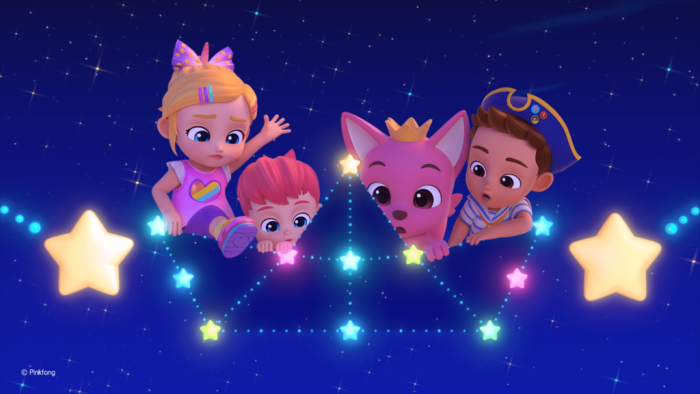 Bebefinn Sing-Along Movie Into The Pinkfong World Movie: Bora, Bebefinn, Pinkfong and Brody aboard a paper board made of stars in the night sky.