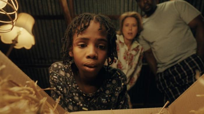 Bird Boy movie: Three people stand over a box with a hatching egg inside