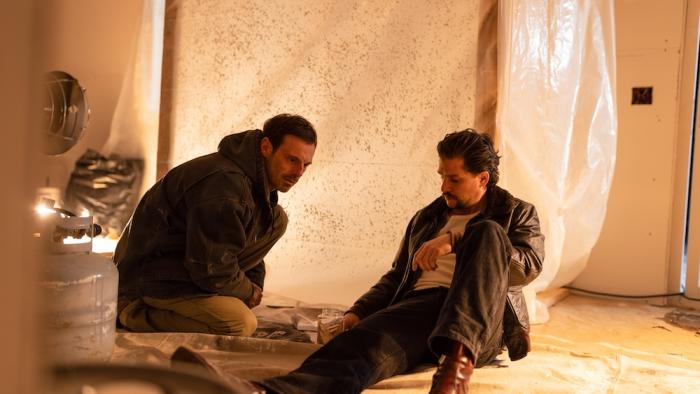 Blood for Dust Movie: Waiting in an unfinished house, Cliff (Scoot McNairy) and Ricky (Kit Harington) discuss their plans