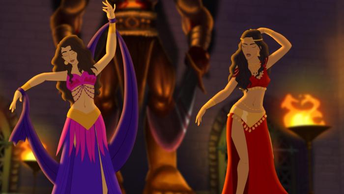 Animated images of two women belly dancing in front in a cavern