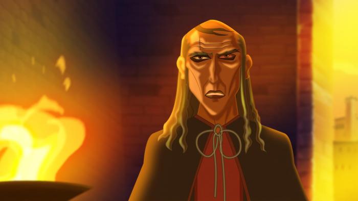 Book of Joshua: Animated image of an old menacing looking man standing on front of a fire