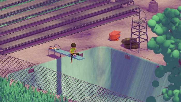 Boys Go to Jupiter movie: Billy sits with an alien on a diving board above a drained and empty pool