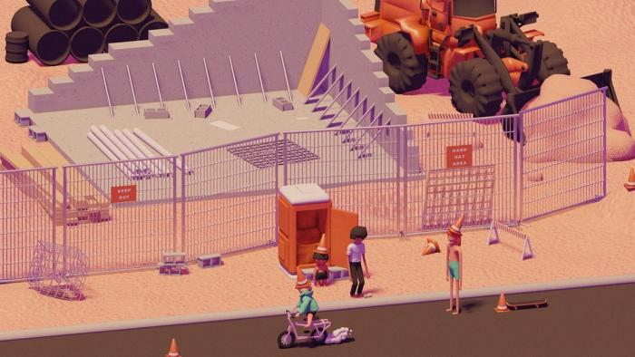 Boys Go to Jupiter movie: Peanut, Billy, and friends gather around a portable toilet