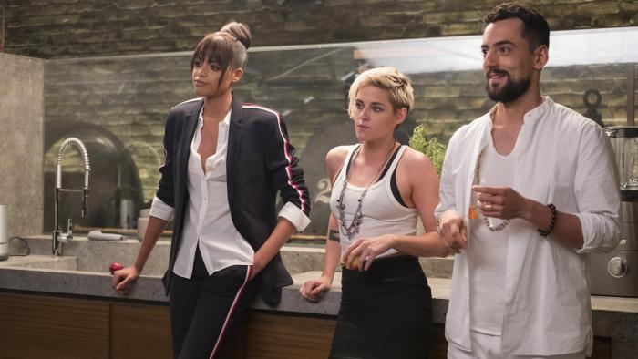 Charlie's Angels (2019) Movie: Jane, Sabina, and Alexander handing out at the house