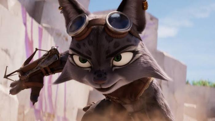 Chickenhare and the Secret of the Groundhog: Animated cat wearing goggles, holding a slingshot in a sunny setting