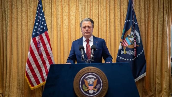 Civil War Movie: Nick Offerman as the president of the United States giving an address